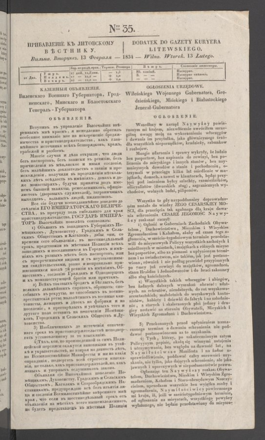 Прибавленіе къ Литовскому Вѣстнику. 1834, numer 35
