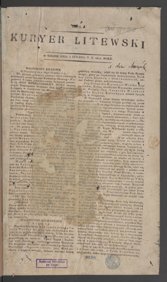 Kuryer Litewski. 1814, numero 1