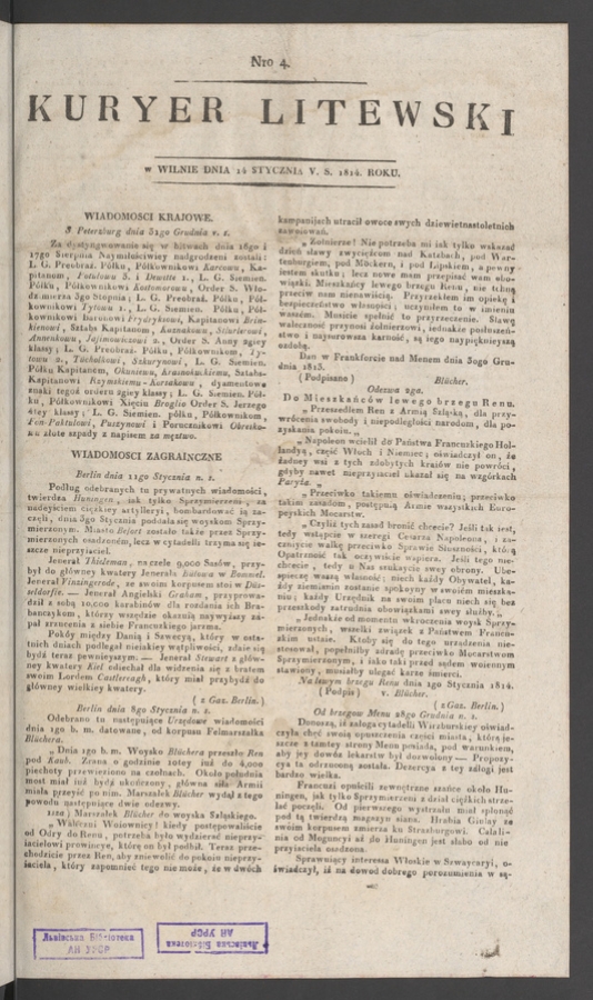 Kuryer Litewski. 1814, numero 4