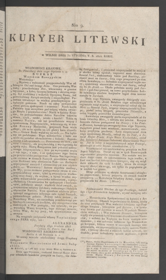 Kuryer Litewski. 1814, numero 9