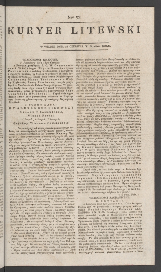 Kuryer Litewski. 1814, numero 50