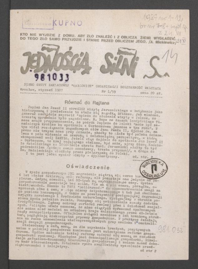 Jednością Silni&nbsp;: pismo Grupy Zakładowej &bdquo;Karłowice&rdquo; Organizacji Solidarność Walcząca. 1987, numer&nbsp;1&nbsp;(59)