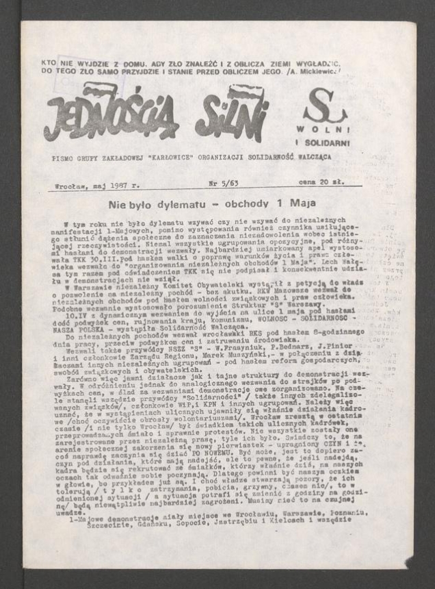 Jednością Silni&nbsp;: pismo Grupy Zakładowej &bdquo;Karłowice&rdquo; Organizacji Solidarność Walcząca. 1987, numer&nbsp;5&nbsp;(63)