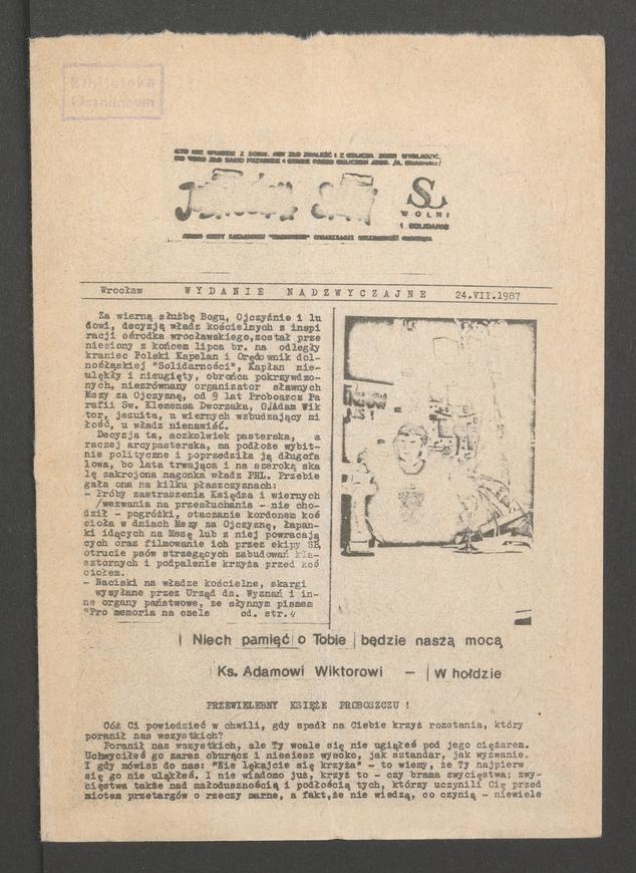 Jednością Silni&nbsp;: pismo Grupy Zakładowej &bdquo;Karłowice&rdquo; Organizacji Solidarność Walcząca. 1987, wydanie nadzwyczajne
