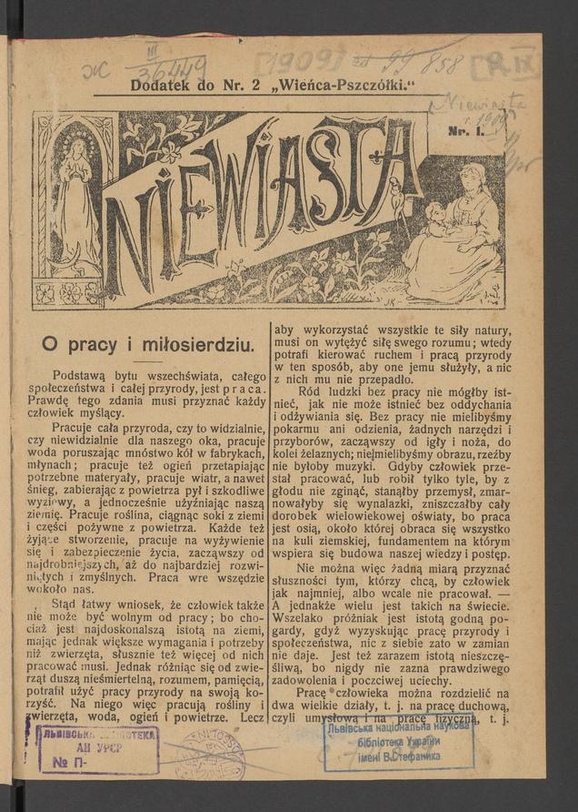 Niewiasta : dodatek do numeru 2 „Wieńca-Pszczółki”. Rok 9, 1909, numer 1