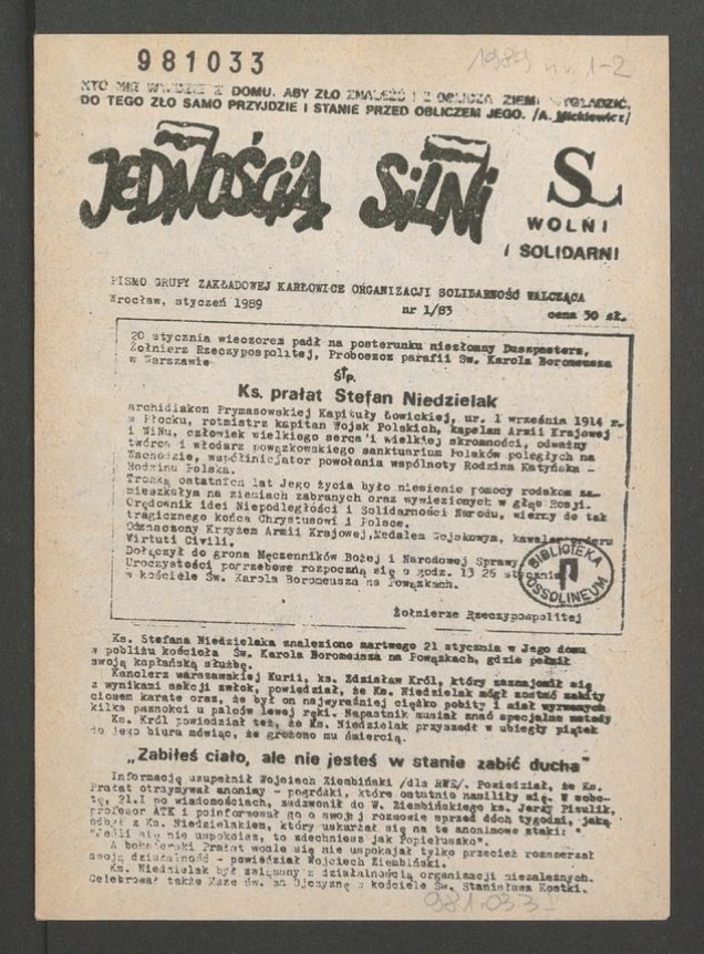 Jednością Silni&nbsp;: pismo Grupy Zakładowej Karłowice Organizacji Solidarność Walcząca. 1989, numer&nbsp;1&nbsp;(83)