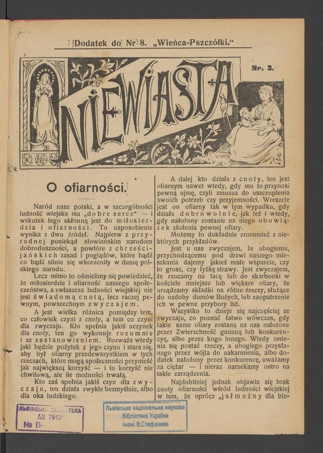 Niewiasta : dodatek do numeru 8 „Wieńca-Pszczółki”. Rok 9, 1909, numer 3