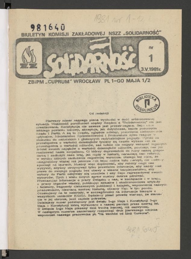 Biuletyn Komisji Zakładowej NSZZ &bdquo;Solidarność&rdquo; ZBiPM &bdquo;Cuprum&rdquo; Wrocław. 1981, numer&nbsp;1