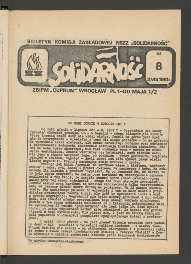 Biuletyn Komisji Zakładowej NSZZ &bdquo;Solidarność&rdquo; ZBiPM &bdquo;Cuprum&rdquo; Wrocław. 1981, numer&nbsp;8
