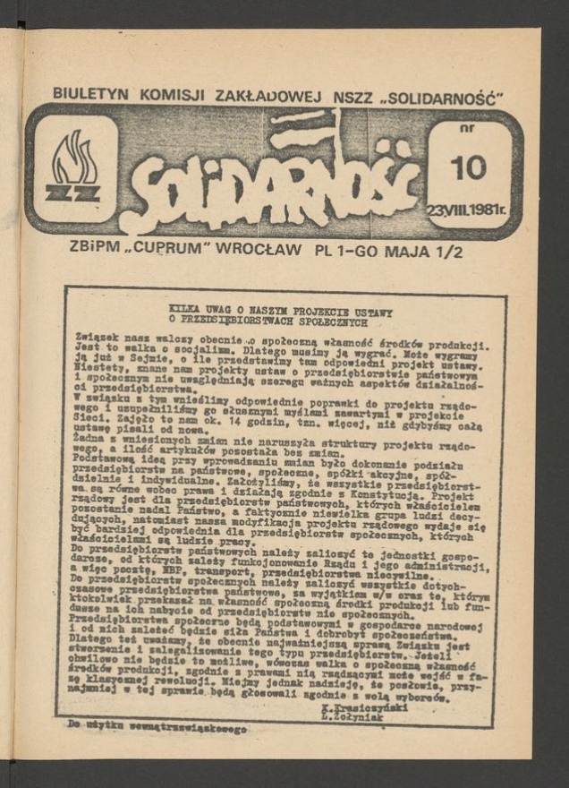 Biuletyn Komisji Zakładowej NSZZ &bdquo;Solidarność&rdquo; ZBiPM &bdquo;Cuprum&rdquo; Wrocław. 1981, numer&nbsp;10