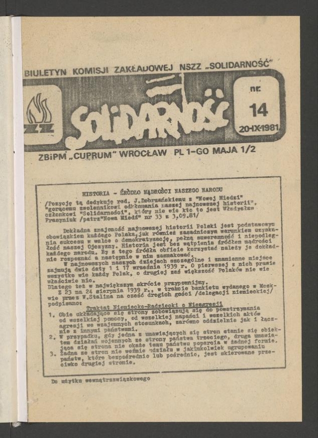 Biuletyn Komisji Zakładowej NSZZ &bdquo;Solidarność&rdquo; ZBiPM &bdquo;Cuprum&rdquo; Wrocław. 1981, numer&nbsp;14