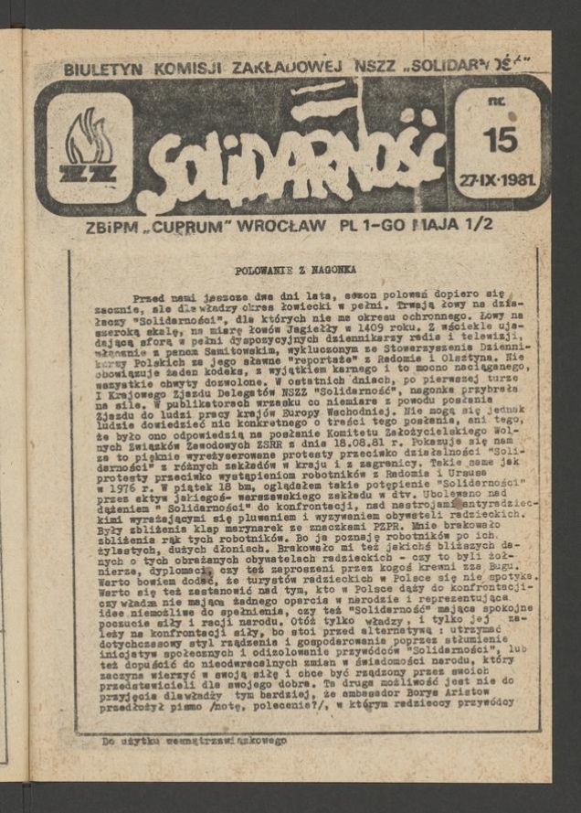 Biuletyn Komisji Zakładowej NSZZ &bdquo;Solidarność&rdquo; ZBiPM &bdquo;Cuprum&rdquo; Wrocław. 1981, numer&nbsp;15