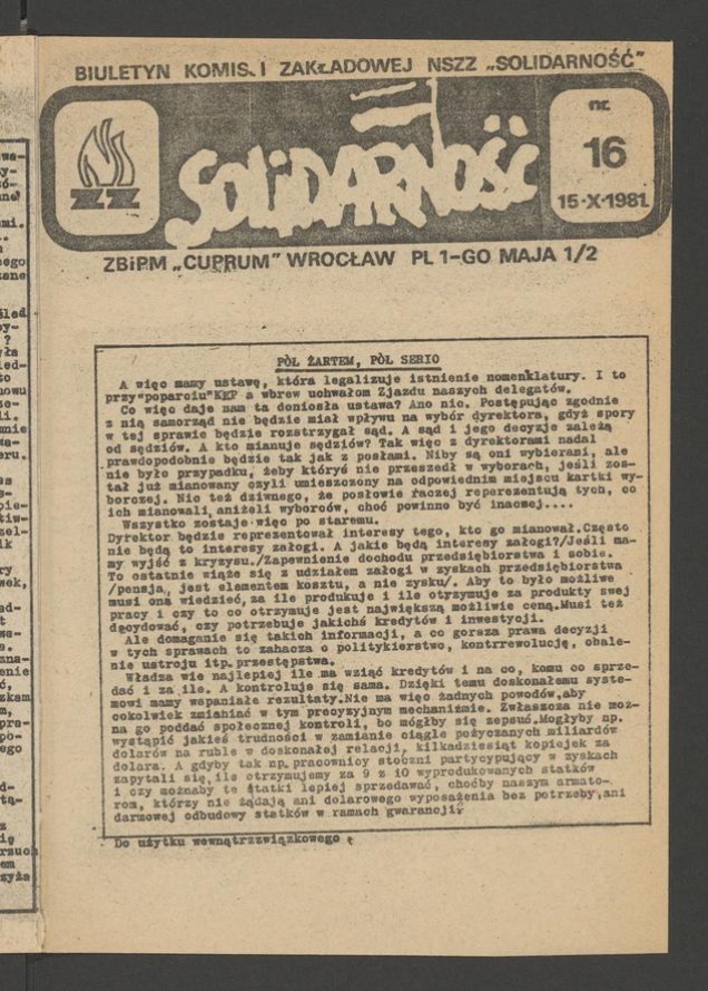 Biuletyn Komisji Zakładowej NSZZ &bdquo;Solidarność&rdquo; ZBiPM &bdquo;Cuprum&rdquo; Wrocław. 1981, numer&nbsp;16