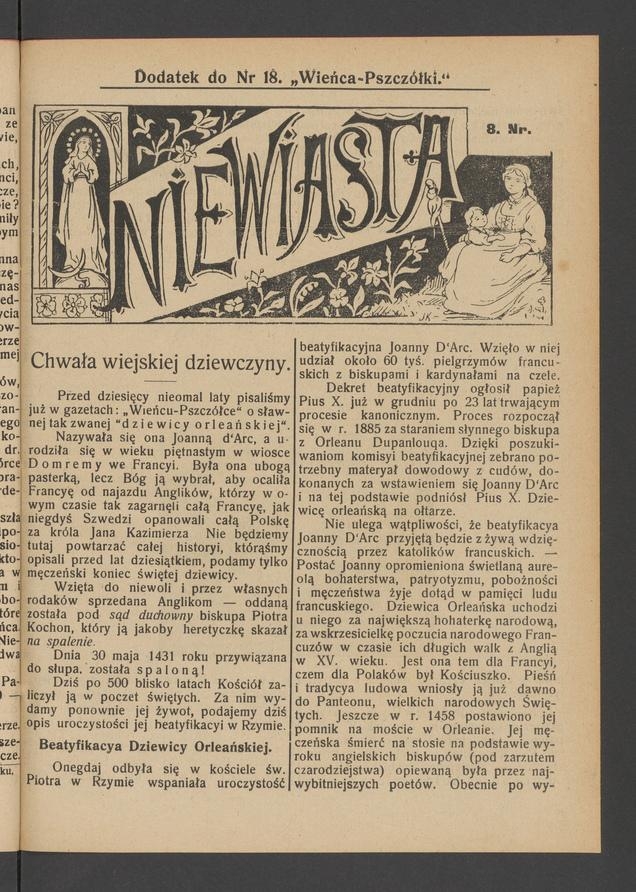 Niewiasta : dodatek do numeru 18 „Wieńca-Pszczółki”. Rok 9, 1909, numer 8
