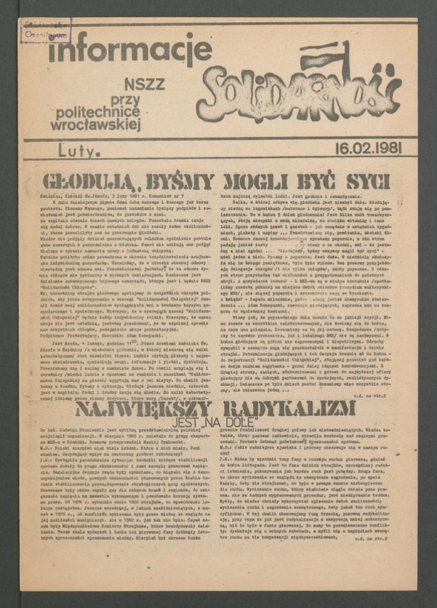 Informacje NSZZ „Solidarność” przy Politechnice Wrocławskiej, 1981.02.16