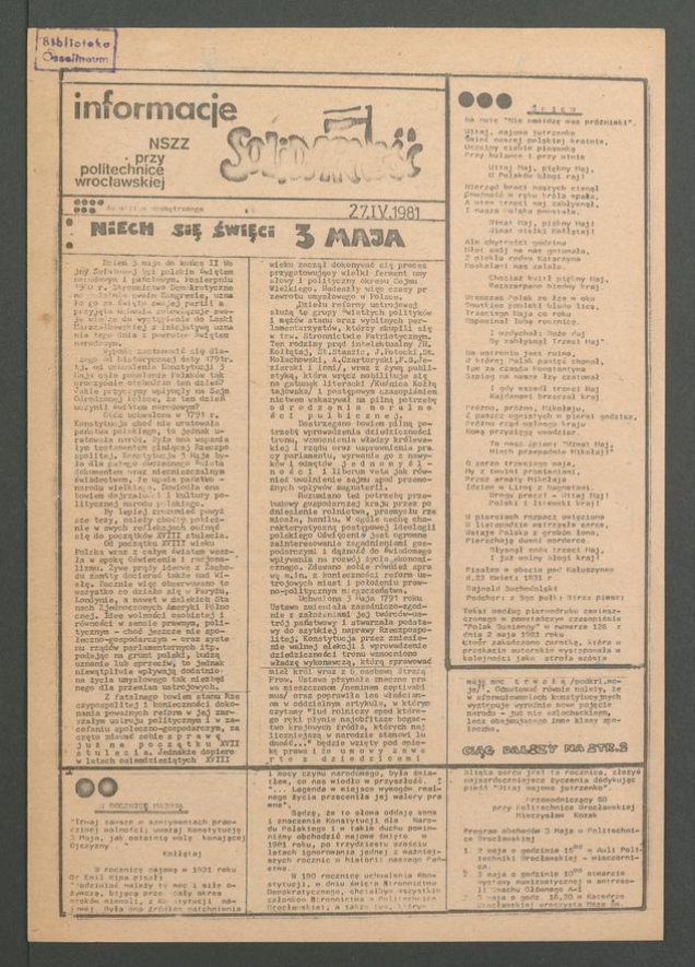 Informacje NSZZ „Solidarność” przy Politechnice Wrocławskiej, 1981.04.27