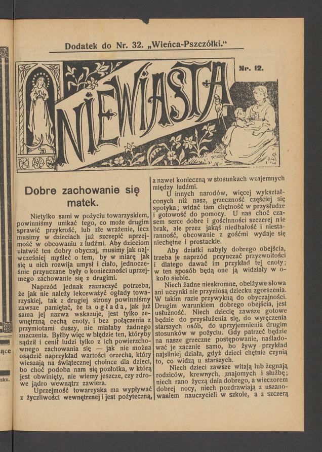 Niewiasta : dodatek do numeru 32 „Wieńca-Pszczółki”. Rok 9, 1909, numer 12