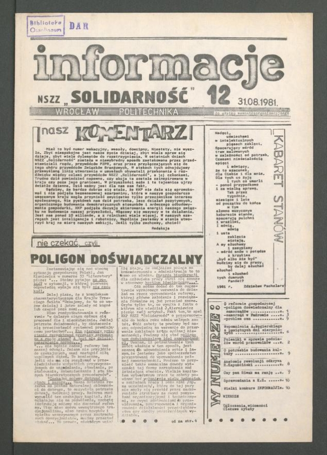 Informacje NSZZ „Solidarność” Wrocław Politechnika, 1981.08.31, numer 12