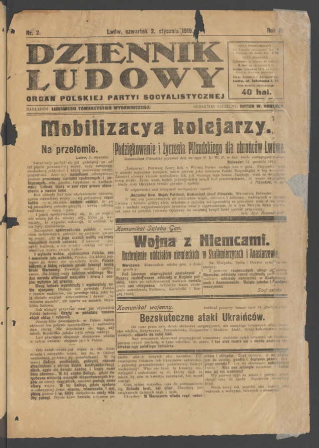 Dziennik Ludowy : organ Polskiej Partyi Socyalistycznej. Rok 2, 1919, numer 2