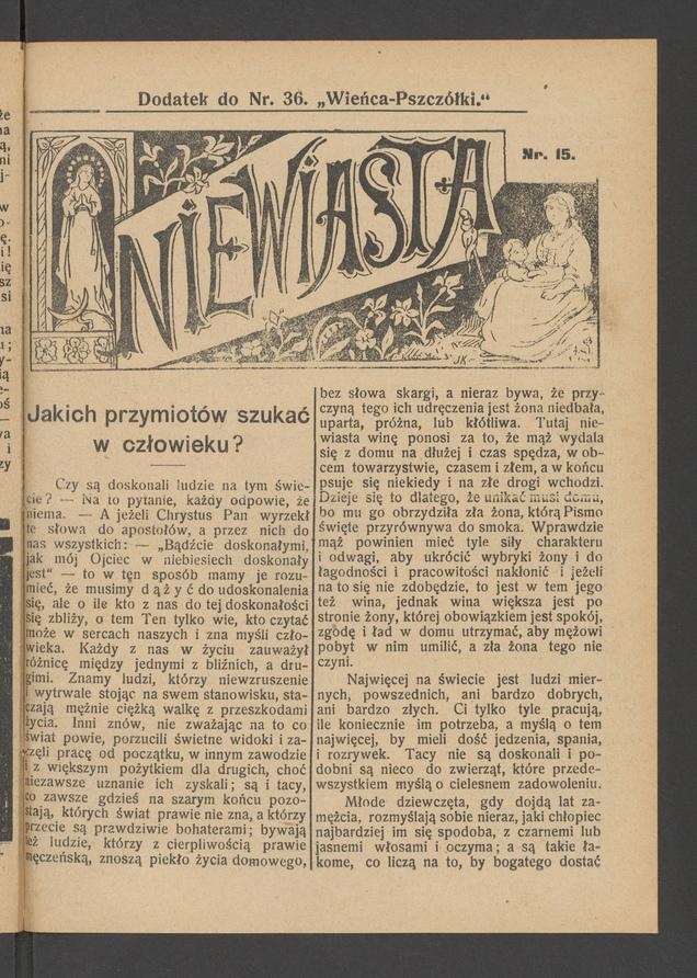 Niewiasta : dodatek do numeru 36 „Wieńca-Pszczółki”. Rok 9, 1909, numer 15
