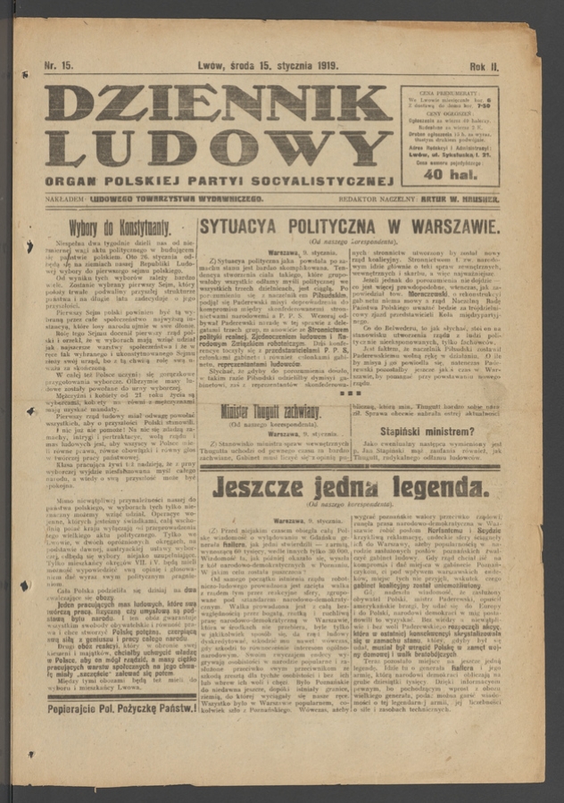 Dziennik Ludowy : organ Polskiej Partyi Socyalistycznej. Rok 2, 1919, numer 15