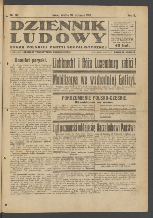 Dziennik Ludowy : organ Polskiej Partyi Socyalistycznej. Rok 2, 1919, numer 18