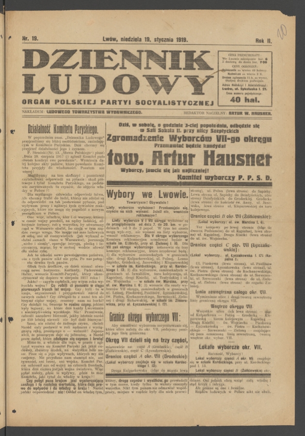 Dziennik Ludowy : organ Polskiej Partyi Socyalistycznej. Rok 2, 1919, numer 19