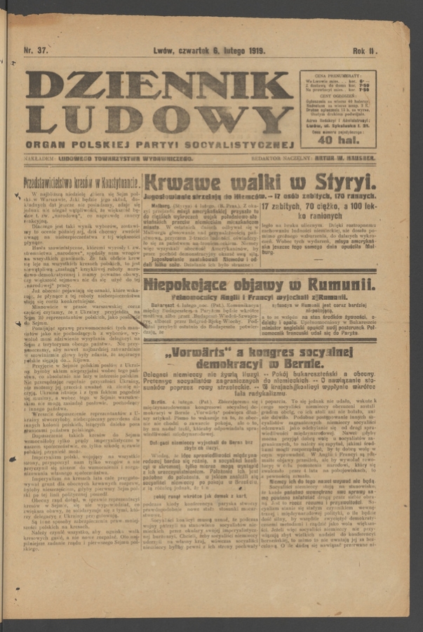 Dziennik Ludowy : organ Polskiej Partyi Socyalistycznej. Rok 2, 1919, numer 37