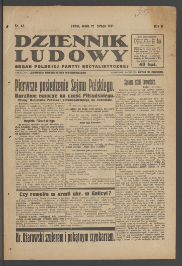 Dziennik Ludowy : organ Polskiej Partyi Socjalistycznej. Rok 2, 1919, numer 43