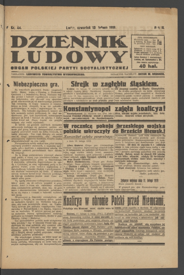 Dziennik Ludowy : organ Polskiej Partyi Socyalistycznej. Rok 2, 1919, numer 44