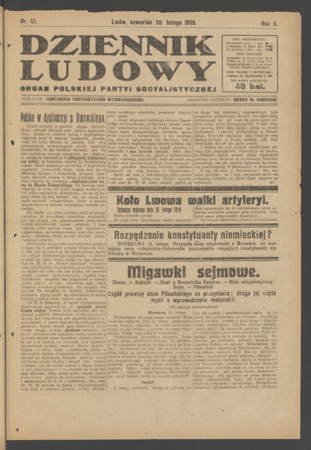 Dziennik Ludowy : organ Polskiej Partyi Socyalistycznej. Rok 2, 1919, numer 51