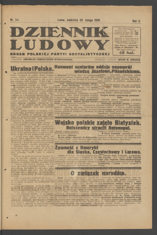 Dziennik Ludowy : organ Polskiej Partyi Socyalistycznej. Rok 2, 1919, numer 54