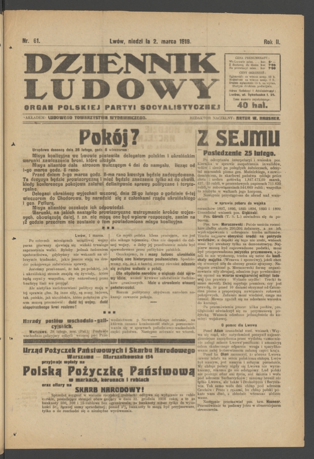 Dziennik Ludowy : organ Polskiej Partyi Socyalistycznej. Rok 2, 1919, numer 61