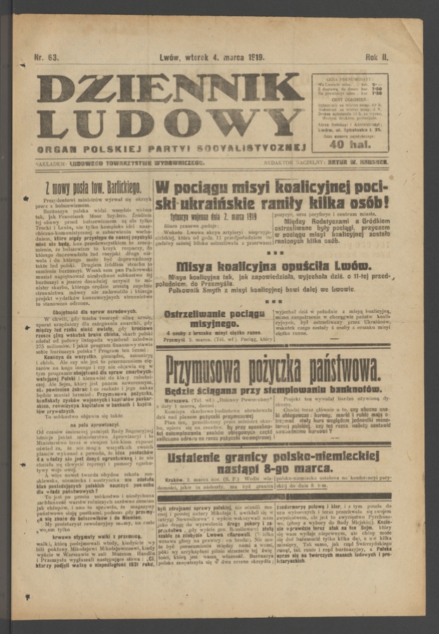 Dziennik Ludowy : organ Polskiej Partyi Socyalistycznej. Rok 2, 1919, numer 63