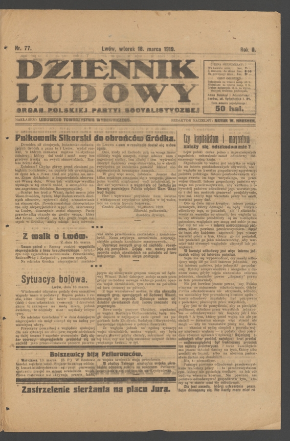 Dziennik Ludowy : organ Polskiej Partyi Socyalistycznej. Rok 2, 1919, numer 77