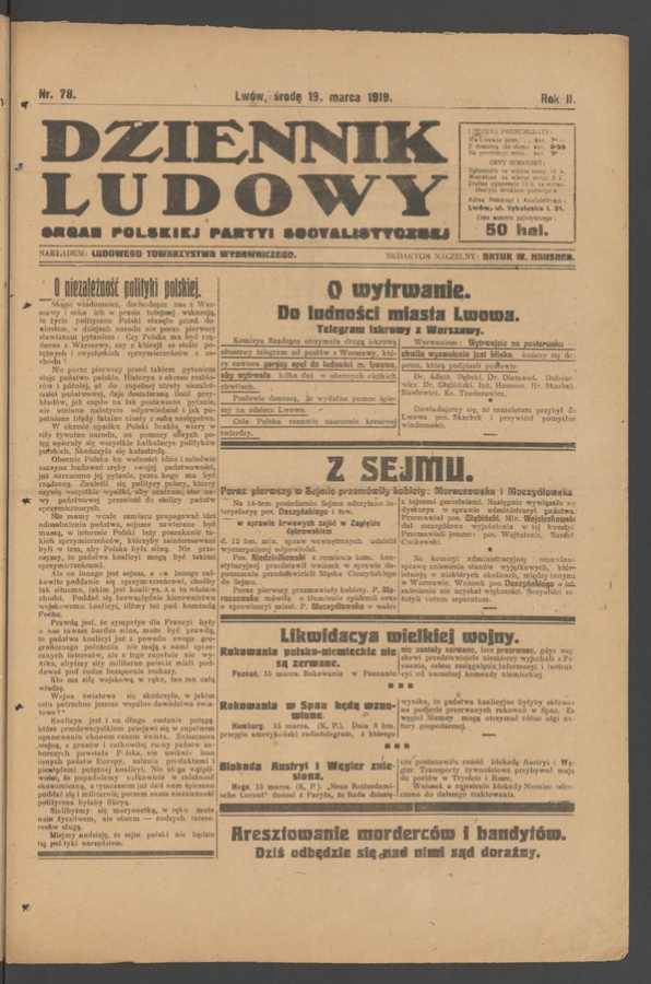 Dziennik Ludowy : organ Polskiej Partyi Socyalistycznej. Rok 2, 1919, numer 78