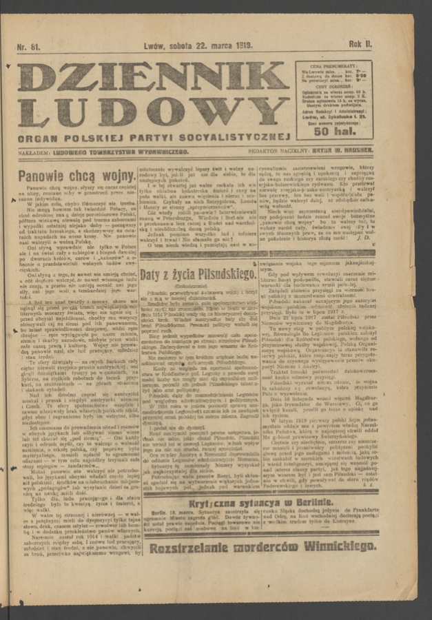 Dziennik Ludowy : organ Polskiej Partyi Socyalistycznej. Rok 2, 1919, numer 81