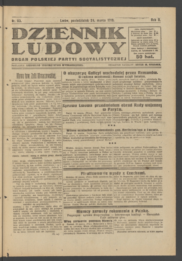 Dziennik Ludowy : organ Polskiej Partyi Socyalistycznej. Rok 2, 1919, numer 83