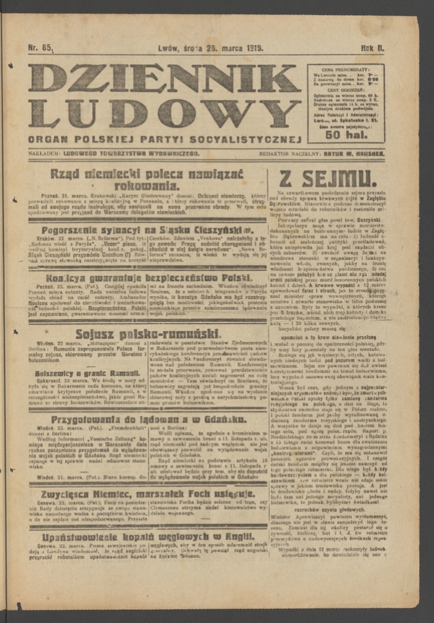 Dziennik Ludowy : organ Polskiej Partyi Socyalistycznej. Rok 2, 1919, numer 85