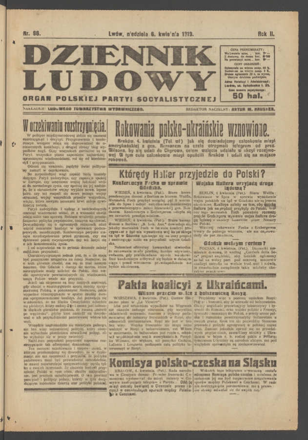 Dziennik Ludowy : organ Polskiej Partyi Socyalistycznej. Rok 2, 1919, numer 96