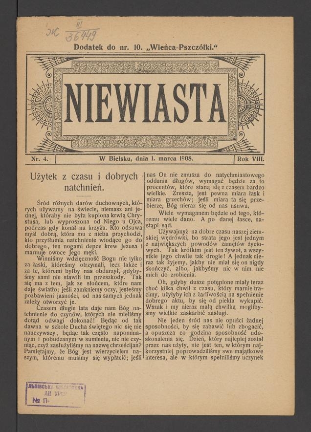 Niewiasta : dodatek do numeru 10 „Wieńca-Pszczółki”. Rok 8, 1908, numer 4