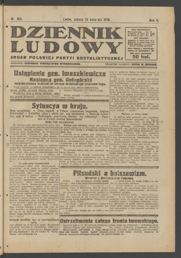 Dziennik Ludowy : organ Polskiej Partyi Socyalistycznej. Rok 2, 1919, numer 102