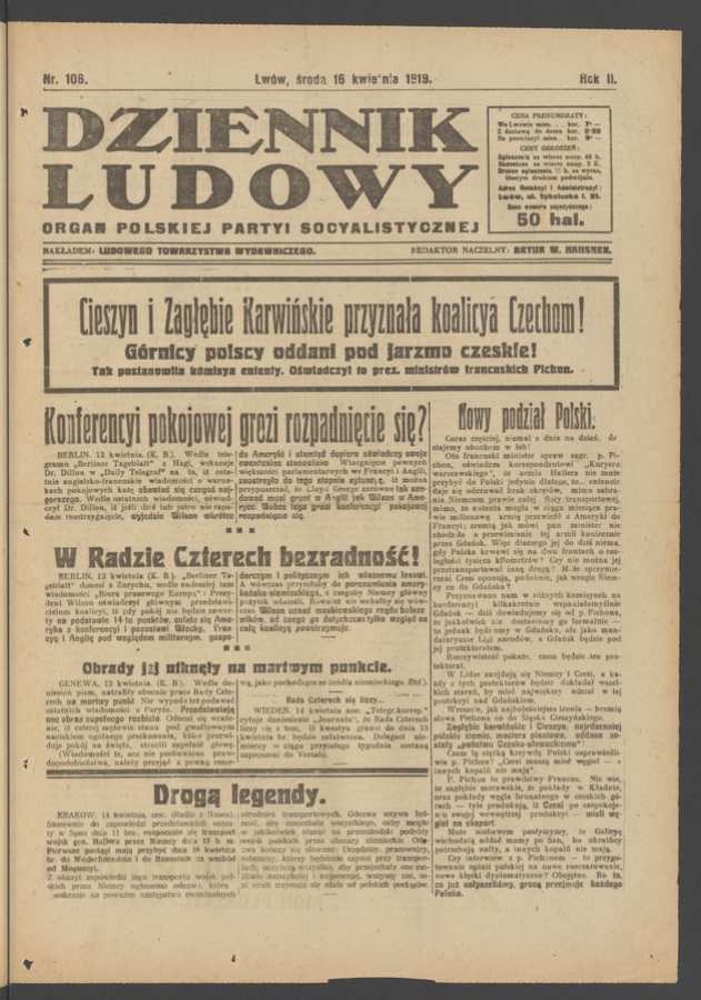 Dziennik Ludowy : organ Polskiej Partyi Socyalistycznej. Rok 2, 1919, numer 106