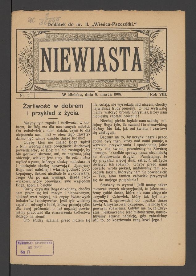 Niewiasta : dodatek do numeru 11 „Wieńca-Pszczółki”. Rok 8, 1908, numer 5