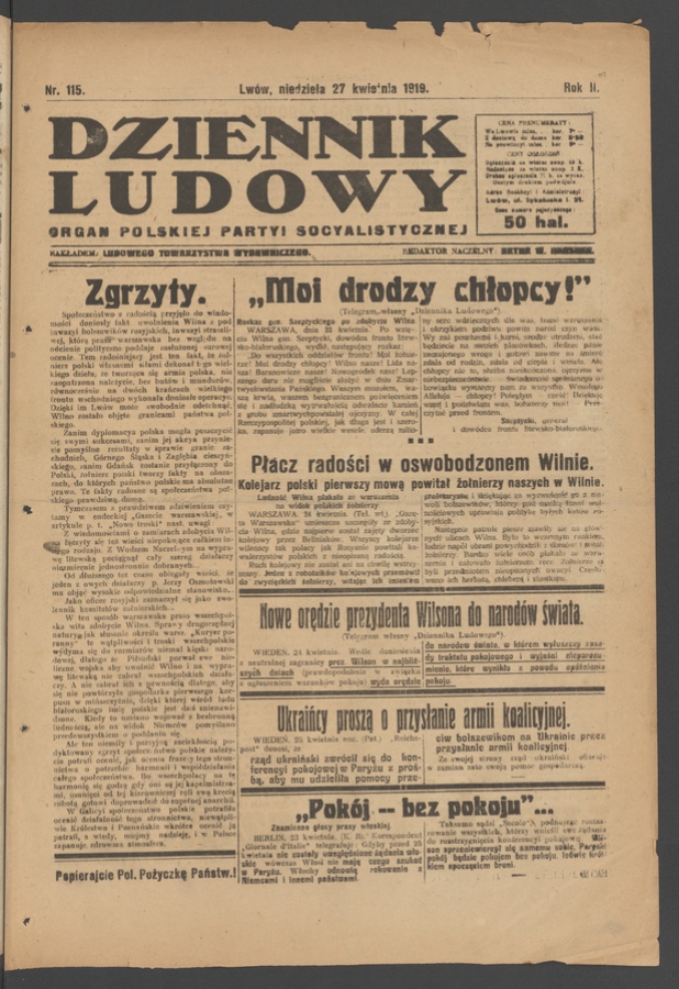 Dziennik Ludowy : organ Polskiej Partyi Socyalistycznej. Rok 2, 1919, numer 115