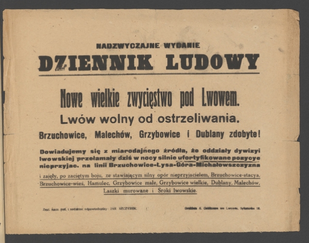 Dziennik Ludowy : nadzwyczajne wydanie. Nowe wielkie zwycięstwo pod Lwowem
