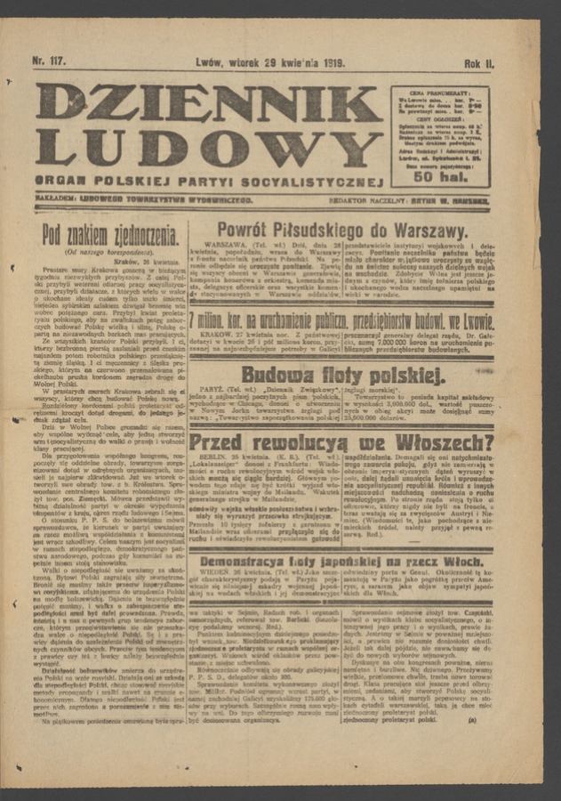 Dziennik Ludowy : organ Polskiej Partyi Socyalistycznej. Rok 2, 1919, numer 117