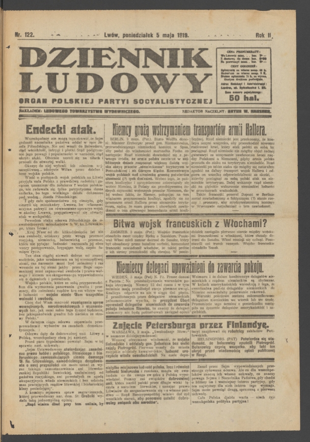Dziennik Ludowy : organ Polskiej Partyi Socyalistycznej. Rok 2, 1919, numer 122