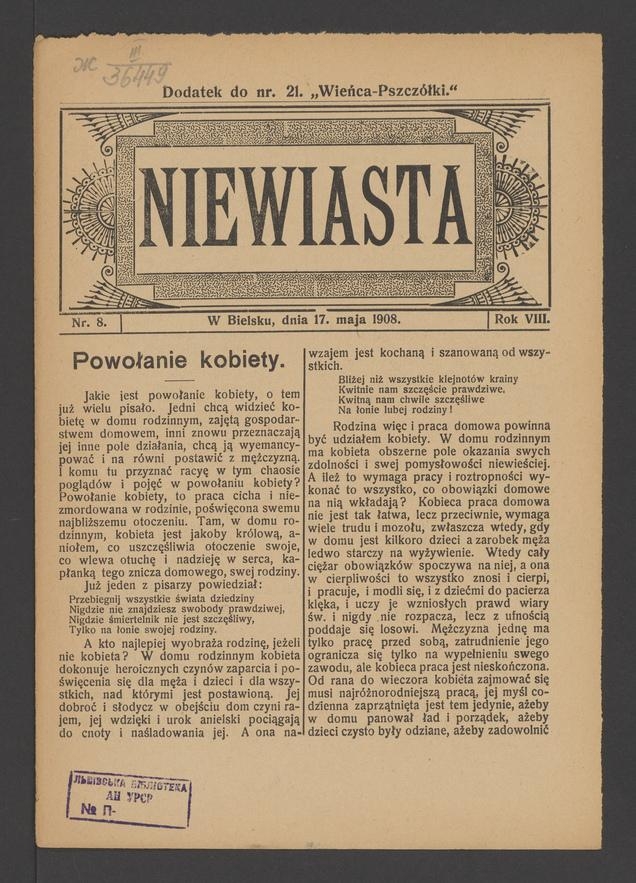Niewiasta : dodatek do numeru 21 „Wieńca-Pszczółki”. Rok 8, 1908, numer 8