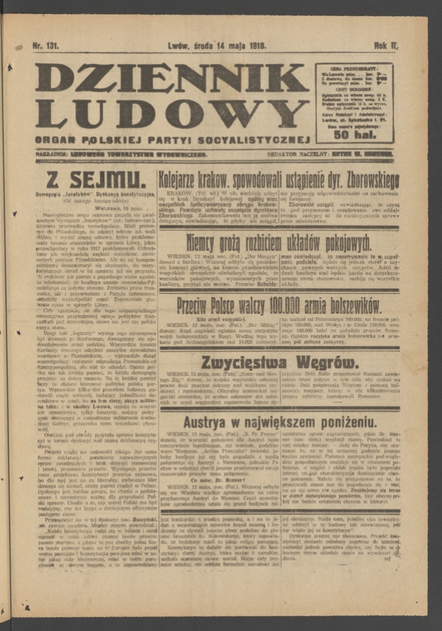 Dziennik Ludowy : organ Polskiej Partyi Socyalistycznej. Rok 2, 1919, numer 131